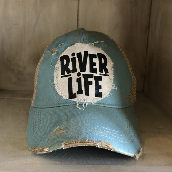 River Life hat by BohoGroove featuring distressed off-white patch with River Life lettering on an ocean blue vintage distressed snapback
