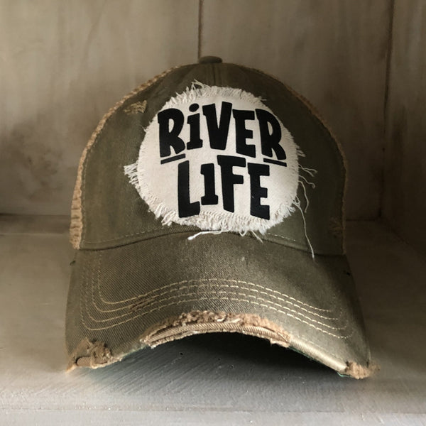 River Life hat by BohoGroove featuring distressed off-white patch with River Life lettering on an olive vintage distressed snapback