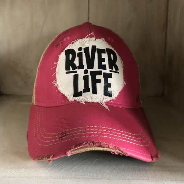 River Life hat by BohoGroove featuring distressed off-white patch with River Life lettering on a pink vintage distressed snapback