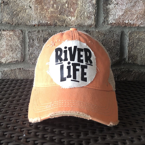 River Life hat by BohoGroove featuring distressed off-white patch with River Life lettering on a sherbet vintage distressed snapback