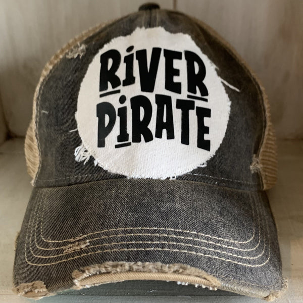 River Pirate hat by BohoGroove featuring distressed off-white patch with black River Pirate lettering on a black vintage distressed snapback