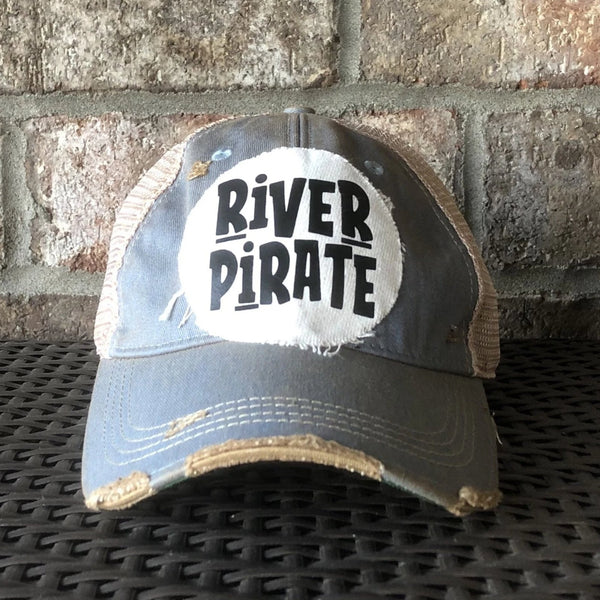 River Pirate hat by BohoGroove featuring distressed off-white patch with black River Pirate lettering on a light blue vintage distressed snapback