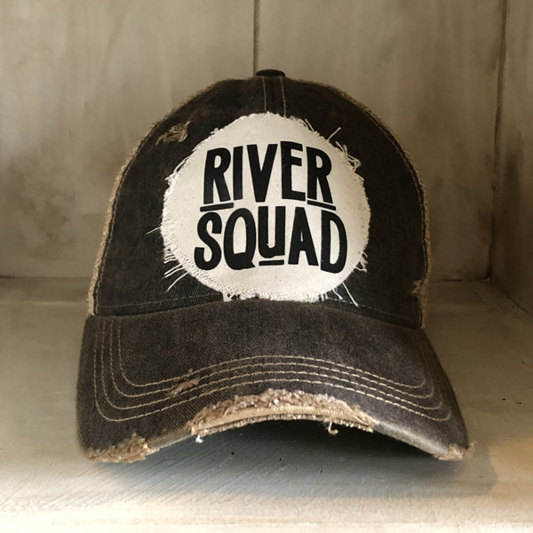 River Squad hat by BohoGroove featuring distressed off-white patch with black River Squad lettering on a black vintage distressed snapback