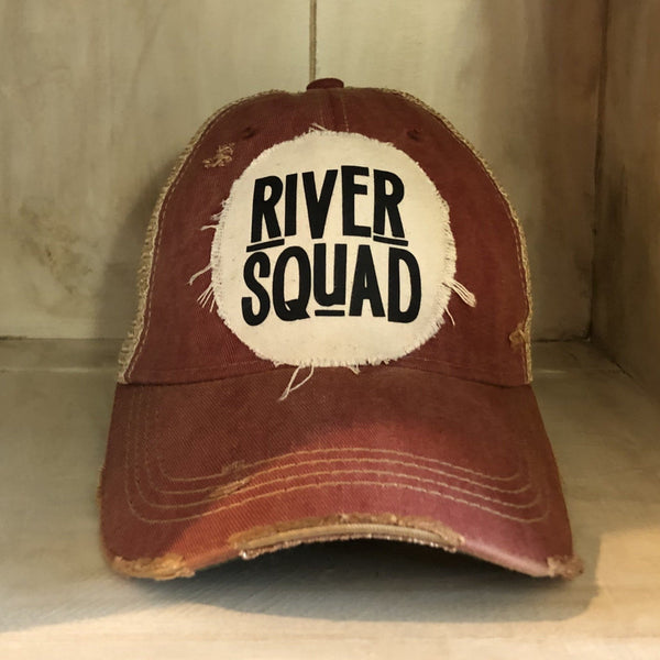 River Squad hat by BohoGroove featuring distressed off-white patch with black River Squad lettering on a brick red vintage distressed snapback