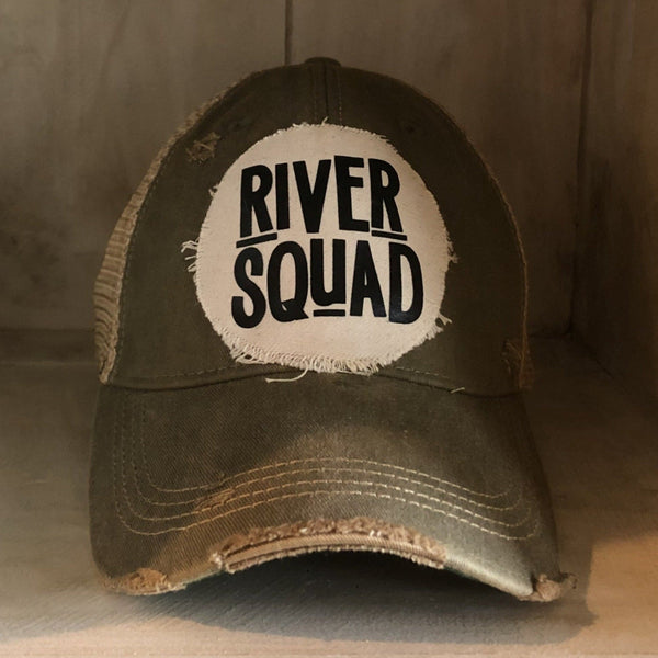 River Squad hat by BohoGroove featuring distressed off-white patch with black River Squad lettering on an olive vintage distressed snapback