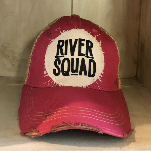 River Squad hat by BohoGroove featuring distressed off-white patch with black River Squad lettering on a pink vintage distressed snapback