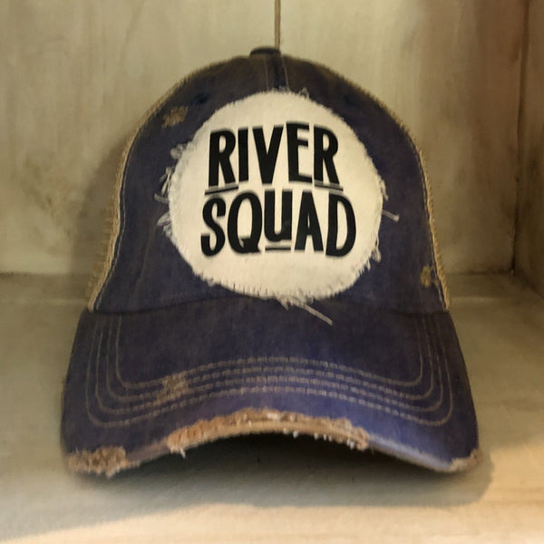 River Squad hat by BohoGroove featuring distressed off-white patch with black River Squad lettering on a royal blue vintage distressed snapback