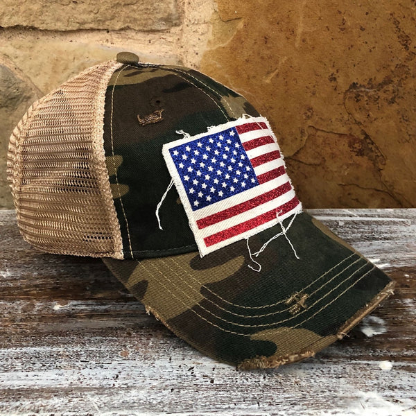 American Flag glitter hat by BohoGroove with sparkly patriotic red white and blue patch on camo vintage distressed snapback