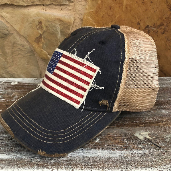 American Flag glitter hat by BohoGroove with sparkly patriotic red white and blue patch on navy vintage distressed snapback