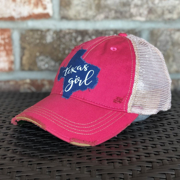 Texas Girl hat by BohoGroove with white Texas Girl lettering on blue Texas-shaped patch and pink vintage distressed snapback