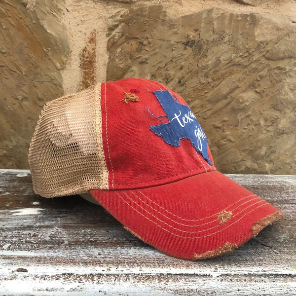 Texas Girl hat by BohoGroove with white Texas Girl lettering on blue Texas-shaped patch and red vintage distressed snapback