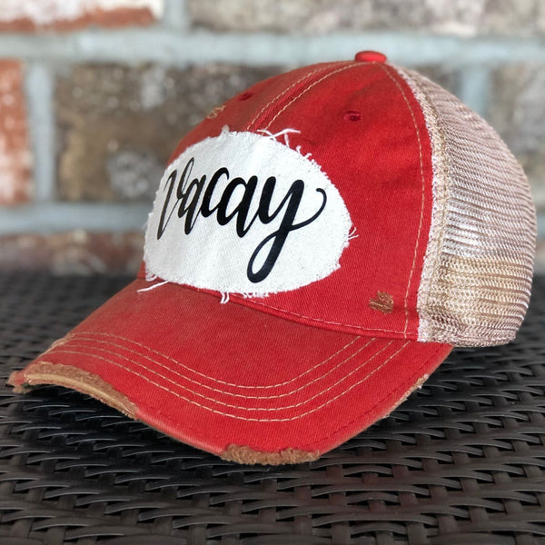 Vacay hat by BohoGroove with black Vacay lettering on distressed off-white patch and red vintage distressed snapback