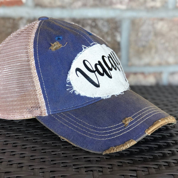 Vacay hat by BohoGroove with black Vacay lettering on distressed off-white patch and royal blue vintage distressed snapback
