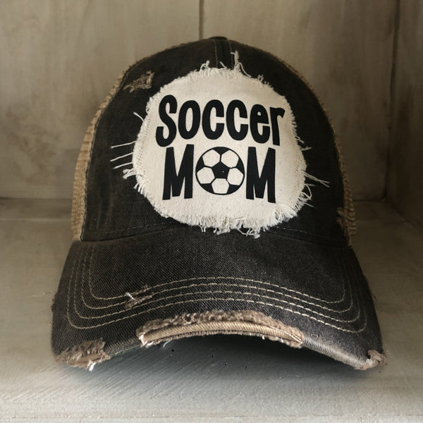 Soccer Mom hat by BohoGroove featuring black Soccer Mom lettering on a black vintage distressed snapback hat