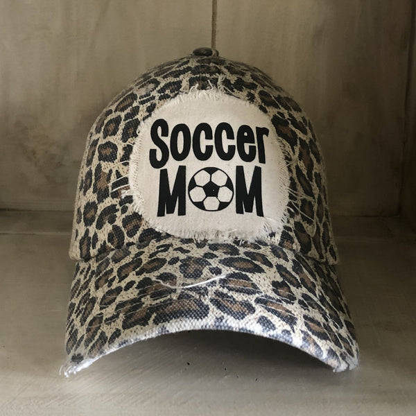 Soccer Mom hat by BohoGroove featuring black Soccer Mom lettering on a leopard vintage distressed snapback hat
