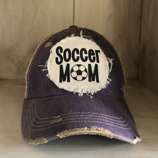 Soccer Mom hat by BohoGroove featuring black Soccer Mom lettering on a purple vintage distressed snapback hat
