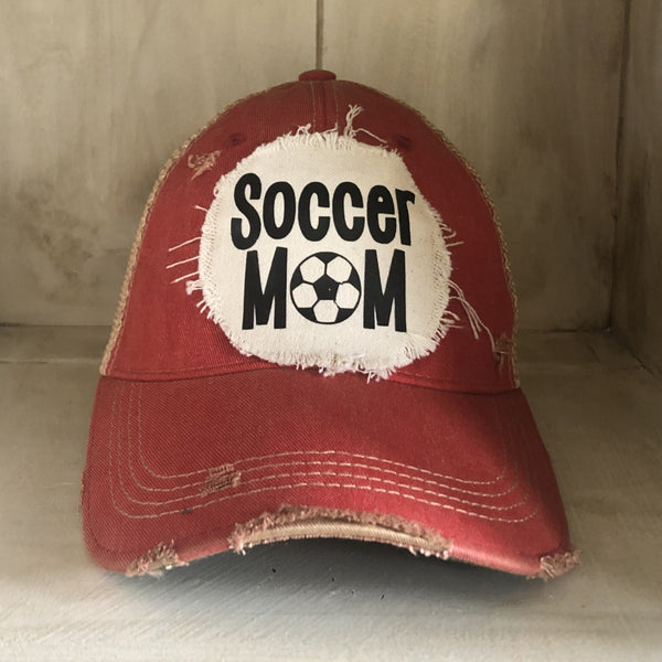 Soccer Mom hat by BohoGroove featuring black Soccer Mom lettering on a red vintage distressed snapback hat