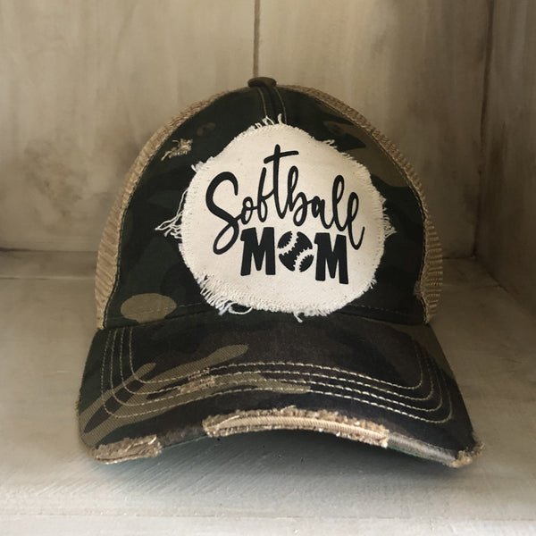 Softball Mom hat by BohoGroove featuring black Softball Mom lettering on a camo vintage distressed snapback hat
