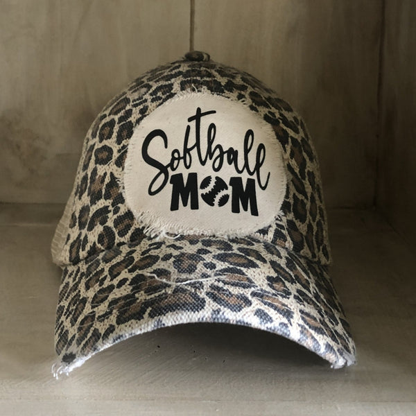 Softball Mom hat by BohoGroove featuring black Softball Mom lettering on a leopard vintage distressed snapback hat
