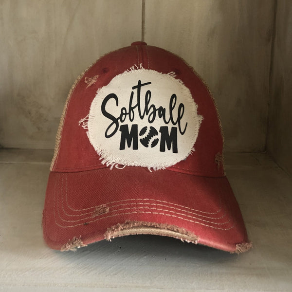 Softball Mom hat by BohoGroove featuring black Softball Mom lettering on a red vintage distressed snapback hat