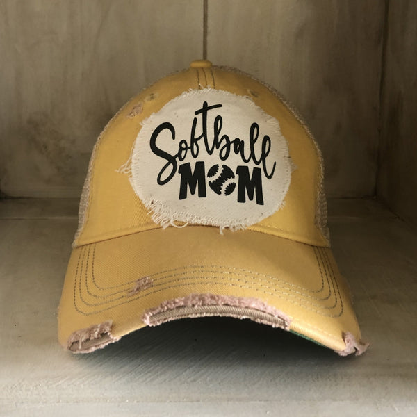 Softball Mom hat by BohoGroove featuring black Softball Mom lettering on a yellow vintage distressed snapback hat