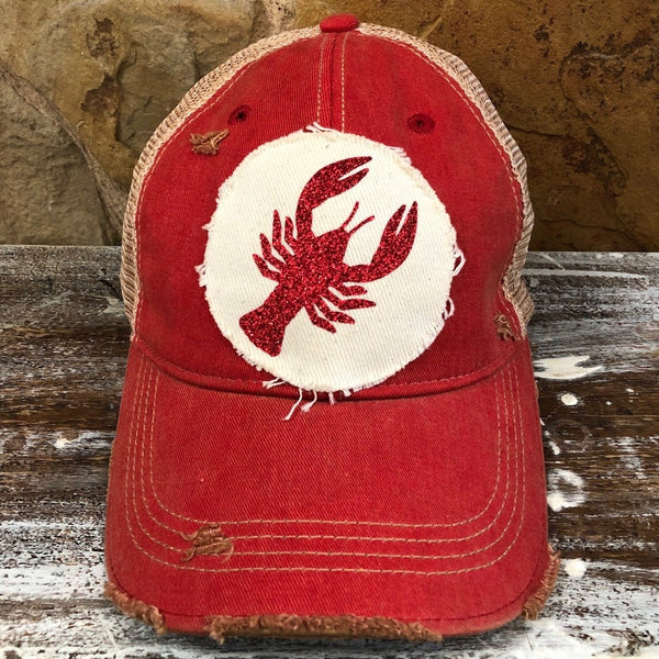 Sparkly Crawfish hat by BohoGroove featuring a red glitter crawfish graphic on a distressed off-white patch on a red vintage distressed snapback.