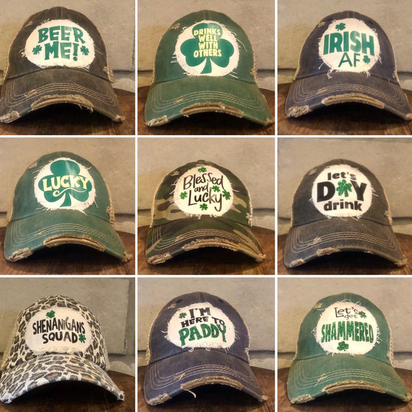 Collage of nine BohoGroove vintage distressed snapback trucker hats featuring St. Patrick’s Day designs including Beer Me, Drinks Well With Others, Irish AF, Lucky, Blessed and Lucky, Let’s Day Drink, Shenanigans Squad, I’m Here to Paddy, and Let’s Get Shammered.