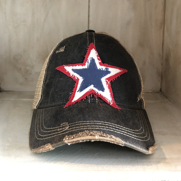 Red white and blue star hat by BohoGroove with patriotic star patch on black vintage distressed snapback