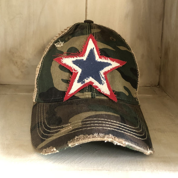 Red white and blue star hat by BohoGroove with patriotic star patch on camo vintage distressed snapback