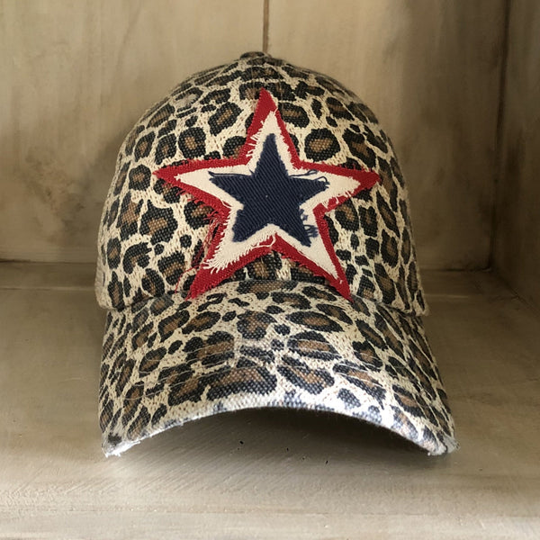 Red white and blue star hat by BohoGroove with patriotic star patch on leopard vintage distressed snapback