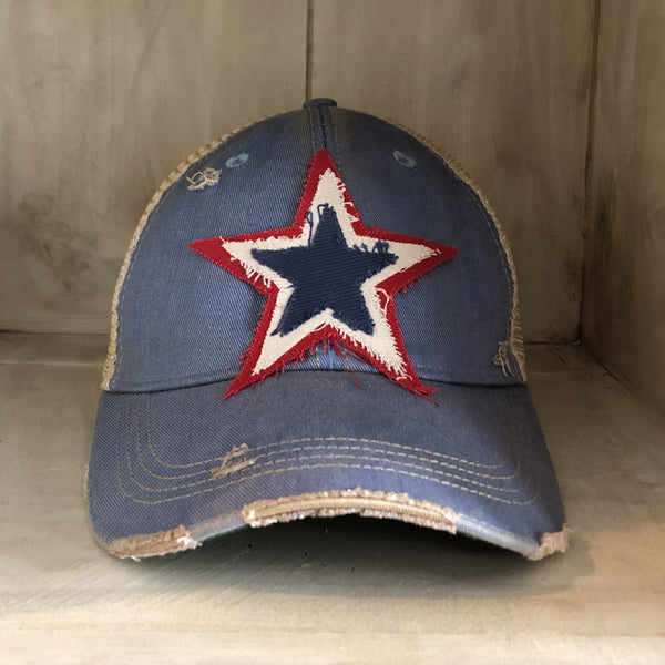 Red white and blue star hat by BohoGroove with patriotic star patch on light blue vintage distressed snapback