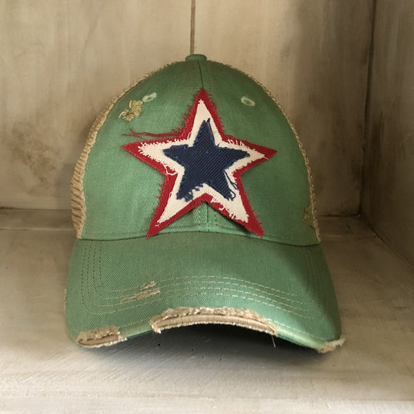 Red white and blue star hat by BohoGroove with patriotic star patch on mint vintage distressed snapback