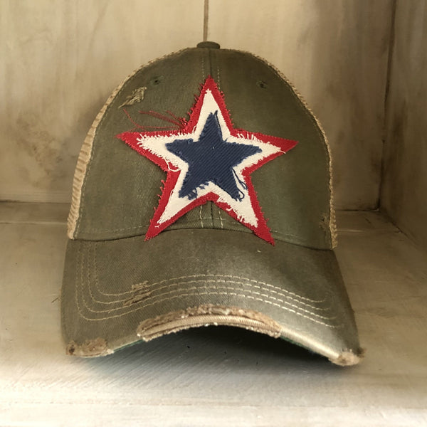 Red white and blue star hat by BohoGroove with patriotic star patch on olive vintage distressed snapback