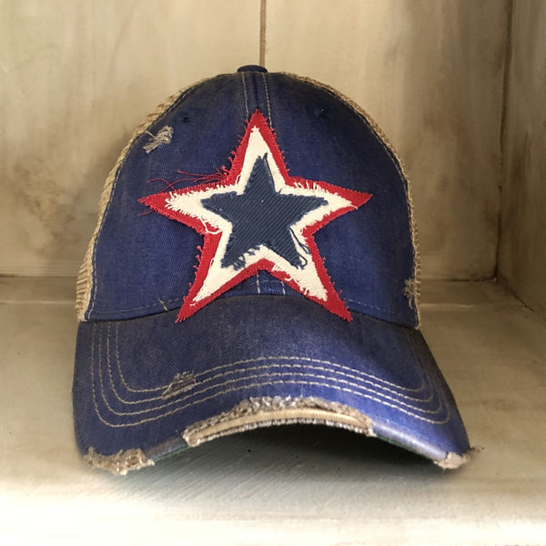 Red white and blue star hat by BohoGroove with patriotic star patch on royal blue vintage distressed snapback