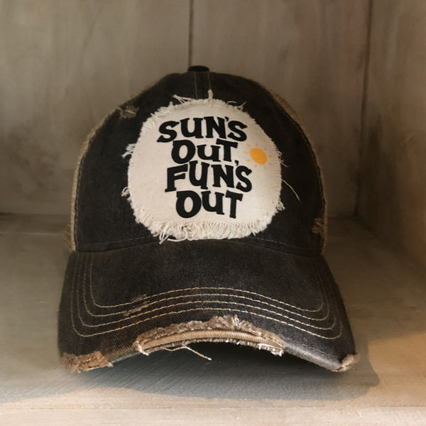 Sun's Out Fun's Out hat by BohoGroove with black Sun's Out Fun's Out lettering and yellow sun graphic on distressed off-white patch on a black vintage distressed snapback.