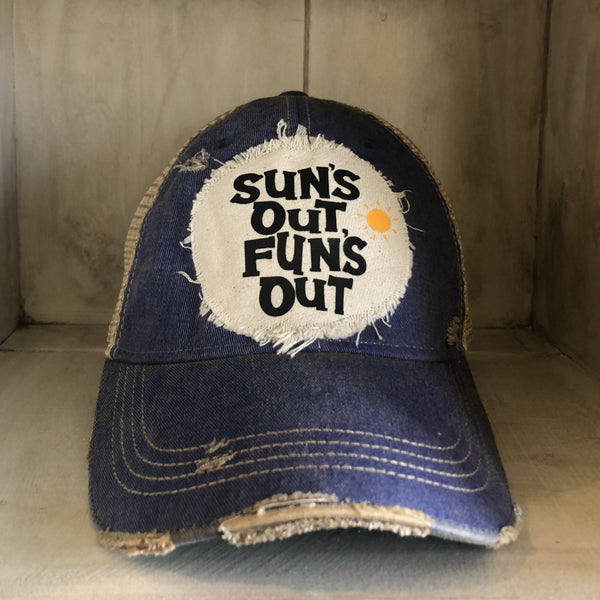 Sun's Out Fun's Out hat by BohoGroove with black Sun's Out Fun's Out lettering and yellow sun graphic on distressed off-white patch on a royal blue vintage distressed snapback.