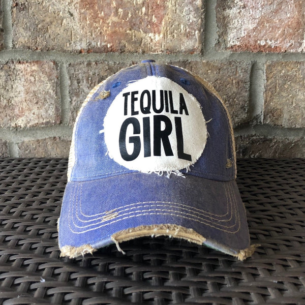 Tequila Girl hat by BohoGroove with black Tequila Girl lettering on a distressed off-white patch on a royal blue vintage distressed snapback trucker hat.