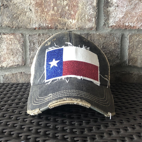 Texas Flag hat by BohoGroove featuring glitter Texas flag patch on black vintage distressed snapback