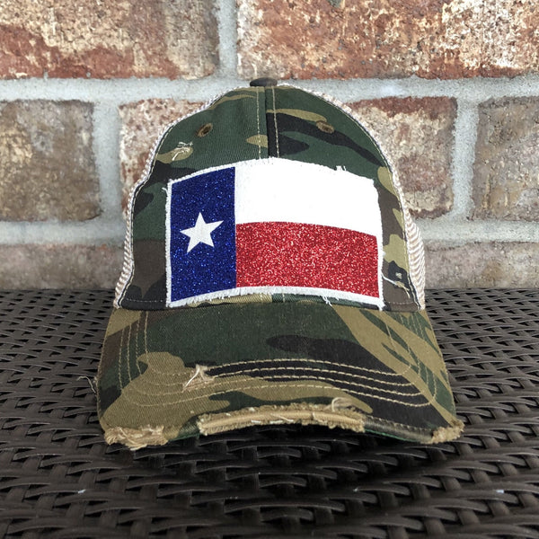 Texas Flag hat by BohoGroove featuring glitter Texas flag patch on camo vintage distressed snapback