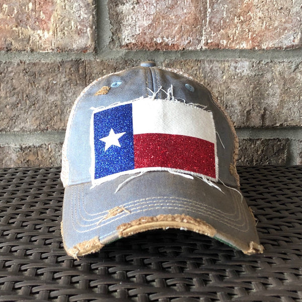 Texas Flag hat by BohoGroove featuring glitter Texas flag patch on light blue vintage distressed snapback