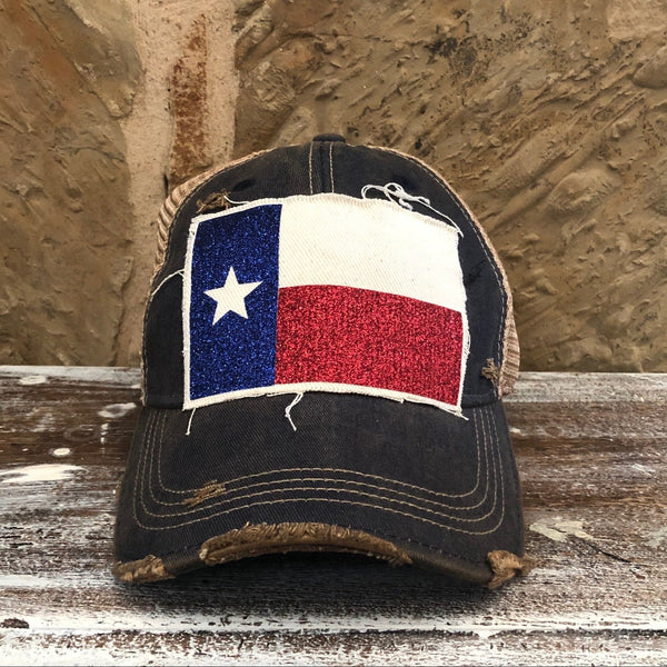 Texas Flag hat by BohoGroove featuring glitter Texas flag patch on navy vintage distressed snapback