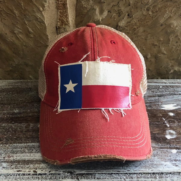 Texas Flag hat by BohoGroove featuring Texas flag patch on red vintage distressed snapback