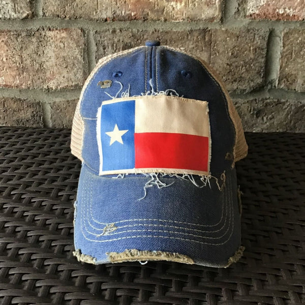 Texas Flag hat by BohoGroove featuring Texas flag patch on royal blue vintage distressed snapback