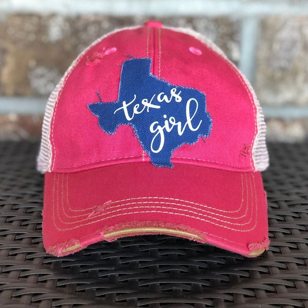 Texas Girl hat by BohoGroove with white Texas Girl lettering on blue Texas-shaped patch and pink vintage distressed snapback