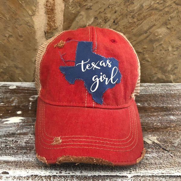 Texas Girl hat by BohoGroove with white Texas Girl lettering on blue Texas-shaped patch and red vintage distressed snapback