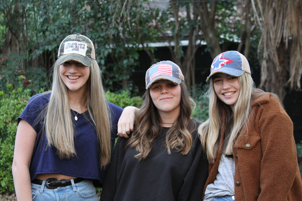 Three girls wearing BohoGroove Patriotic hats