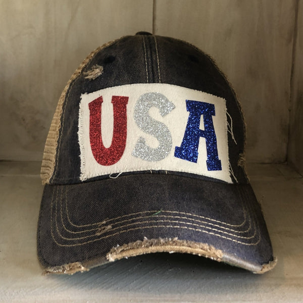 USA Glitter hat by BohoGroove with sparkly patriotic red white and blue USA patch on black vintage distressed snapback