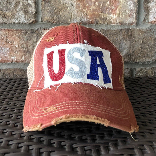 USA Glitter hat by BohoGroove with sparkly patriotic red white and blue USA patch on brick red vintage distressed snapback
