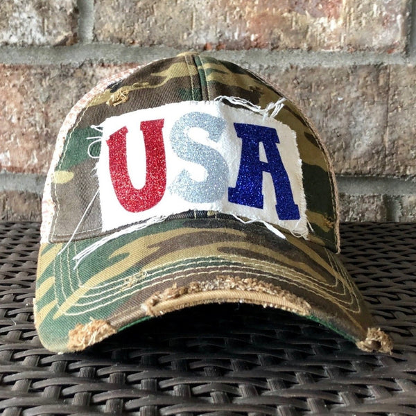 USA Glitter hat by BohoGroove with sparkly patriotic red white and blue USA patch on camo vintage distressed snapback