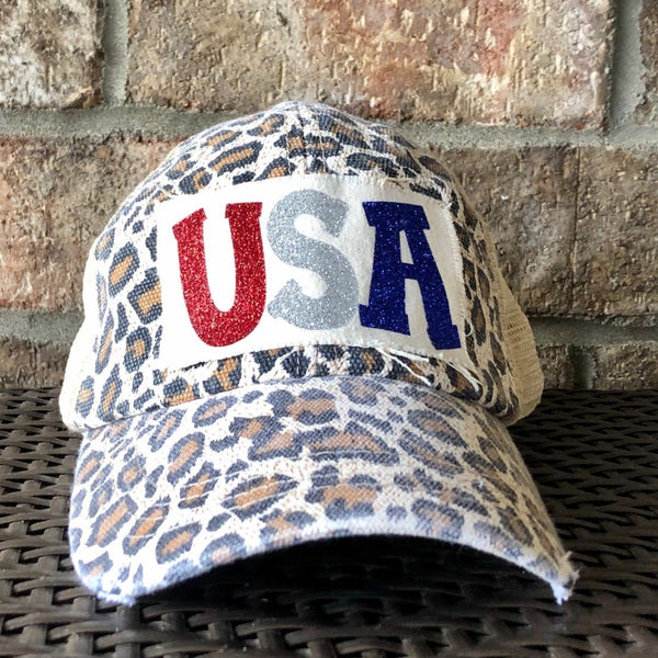 USA Glitter hat by BohoGroove with sparkly patriotic red white and blue USA patch on leopard vintage distressed snapback